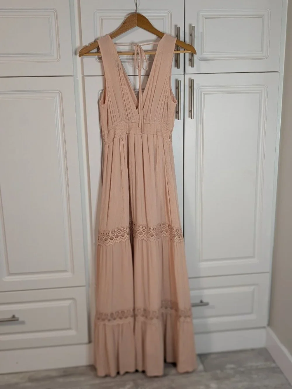 Blush Pink Lace Tiered Maxi Dress S Coquette Romantic Prairie Fairycore NWOT - Picture 6 of 11